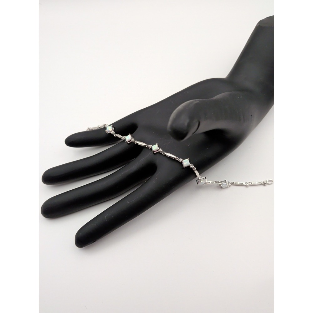 Princess‎ Cut White Opal And Diamond Bracelet With Sterling Silver